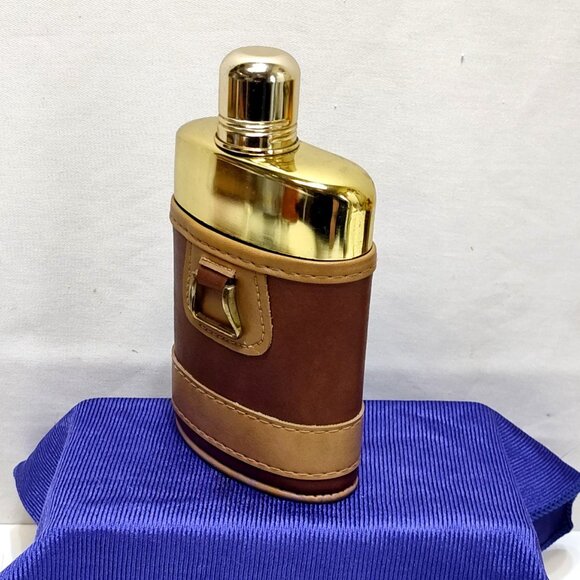 Comoy Of London Flask Gold Tone Glass w/ Leather Case Elegant Barware Vintage - Picture 4 of 14